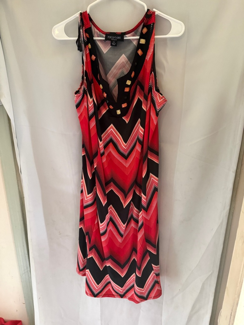 Perceptions Red & Black Chevron Stud V-Neck Dress